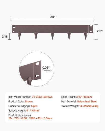 Steel Landscape Edging, 5 Packs 39 x 4 in Rust-Resistant Metal Landscape Edging, Bendable Garden Edging Border, Heavy Duty Lawn Edging, Easy-to-Install, Flower Bed Yard Pathway Divider Brown