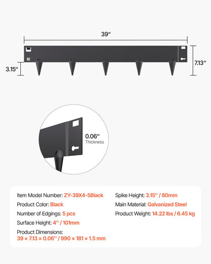 Steel Landscape Edging, 5 Packs 39 x 4 in Rust-Resistant Metal Landscape Edging, Bendable Garden Edging Border, Heavy Duty Lawn Edging, Easy-to-Install, Flower Bed Yard Pathway Divider Black