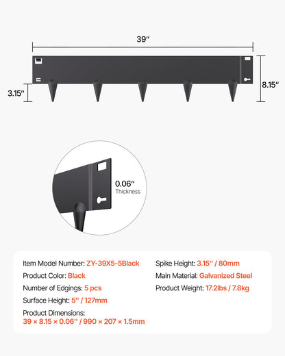 Steel Landscape Edging, 5 Packs 39 x 5 in Rust-Resistant Metal Landscape Edging, Bendable Garden Edging Border, Heavy Duty Lawn Edging, Easy-to-Install, Flower Bed Yard Pathway Divider Black