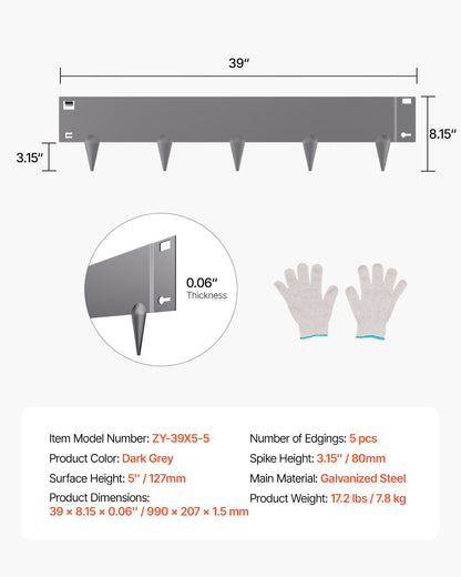Stahl-Landschaftseinfassung, 5er-Pack, 99,1 x 12,7 cm, rostbeständig, für den Garten, dunkelgrau