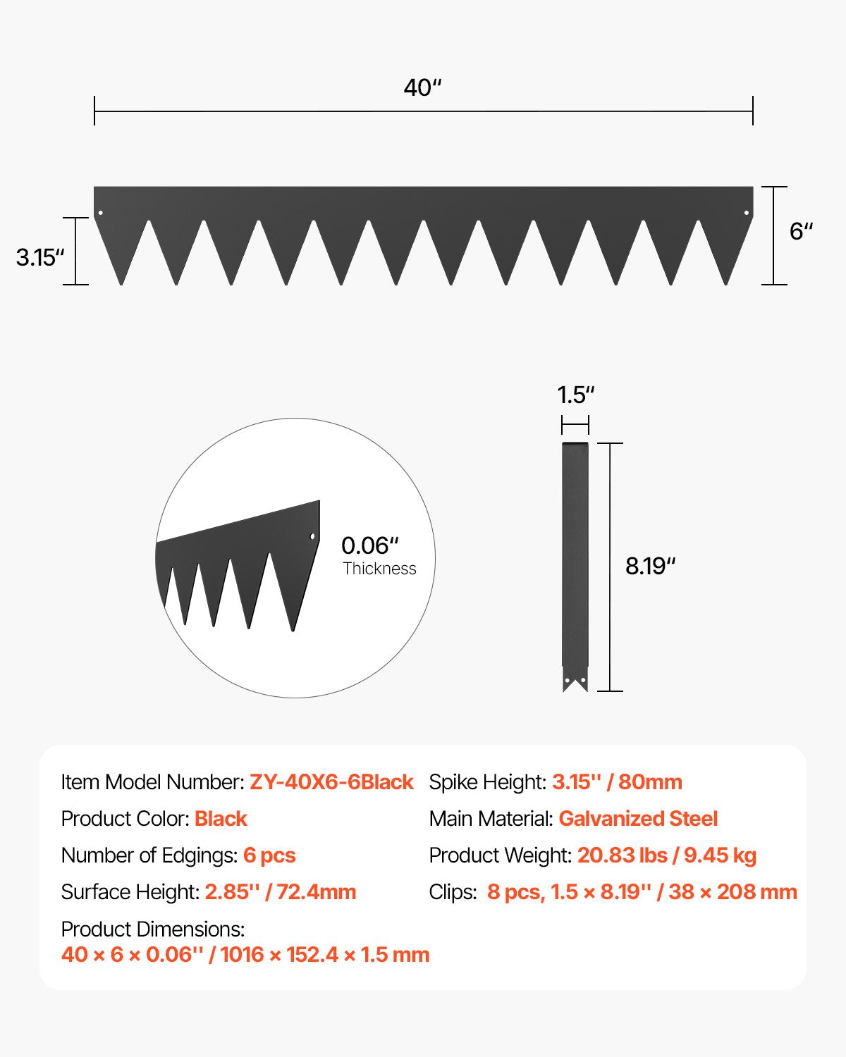 Steel Landscape Edging, 6 Packs 40 x 6 in Rust-Resistant Metal Landscape Edging, Bendable Garden Edging Border, Heavy Duty Lawn Edging, Easy-to-Install, Flower Bed Yard Pathway Divider Black