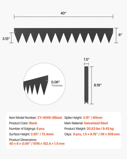 Steel Landscape Edging, 6 Packs 40 x 6 in Rust-Resistant Metal Landscape Edging, Bendable Garden Edging Border, Heavy Duty Lawn Edging, Easy-to-Install, Flower Bed Yard Pathway Divider Black