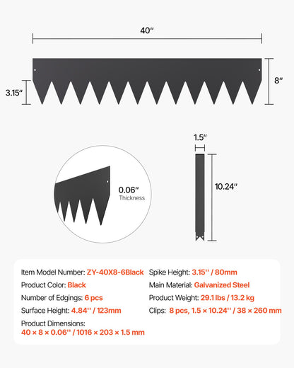 Stahl-Landschaftseinfassung, 6er-Pack, 101,6 x 20,3 cm, rostbeständig, für den Garten, Schwarz