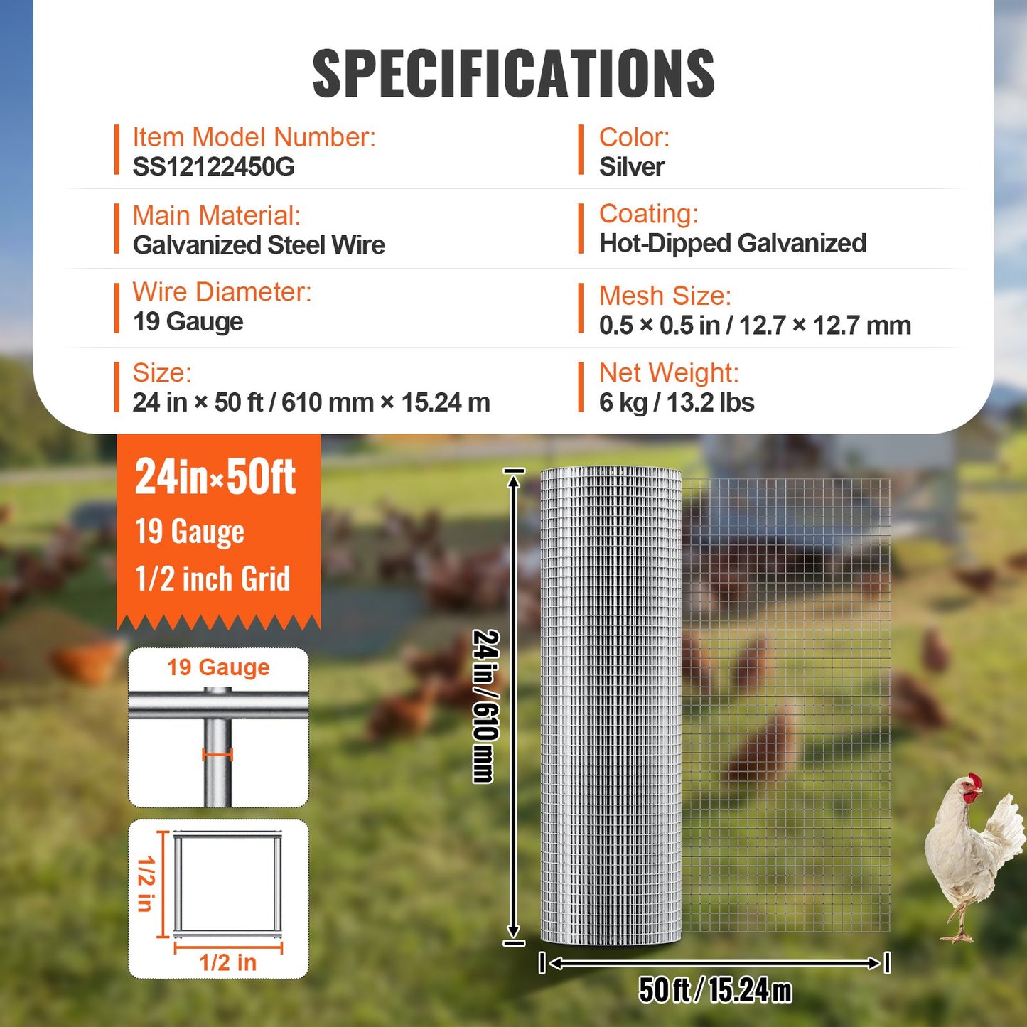 Hardware Cloth, 1/2 inch 24in x 50 ft 19 Gauge, Hot Dipped Galvanized Wire Mesh Roll, Chicken Wire Fencing, Wire Mesh for Rabbit Cages, Garden, Small Rodents