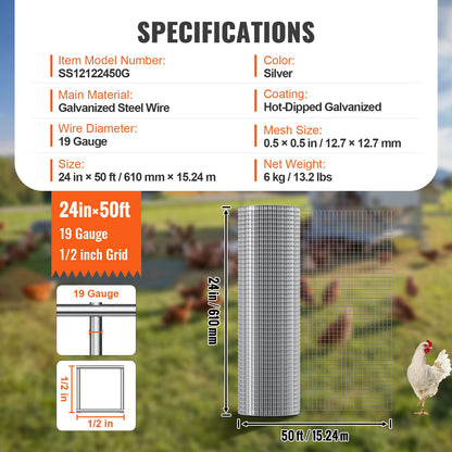 Hardware Cloth, 1/2 inch 24in x 50 ft 19 Gauge, Hot Dipped Galvanized Wire Mesh Roll, Chicken Wire Fencing, Wire Mesh for Rabbit Cages, Garden, Small Rodents