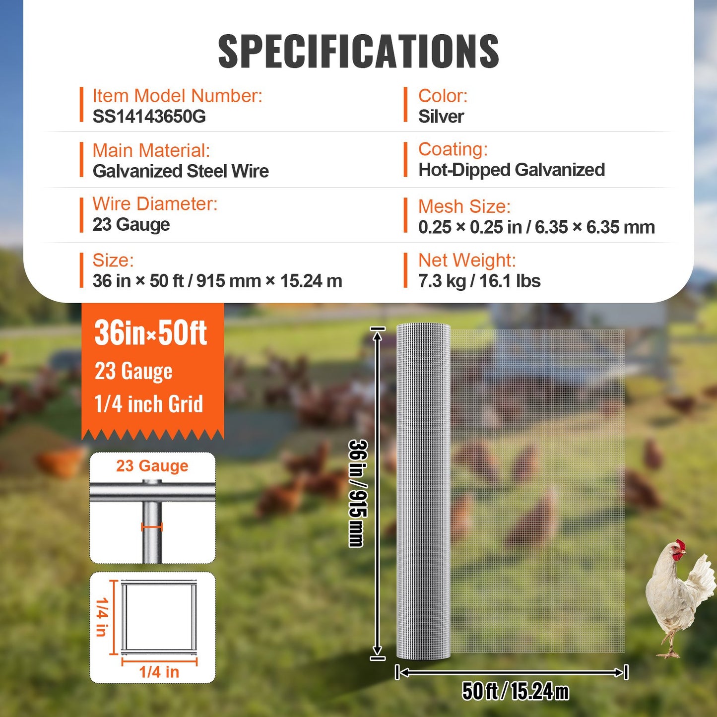 Hardware Fabric 1/4" 36 Inch x 50 Feet 23 Ga Wire Mesh Roll Chicken Wire Fence