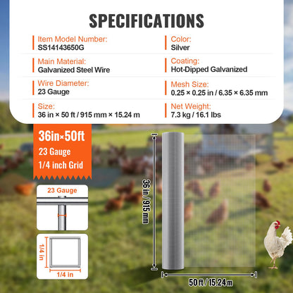 Hardware Fabric 1/4" 36 Inch x 50 Feet 23 Ga Wire Mesh Roll Chicken Wire Fence