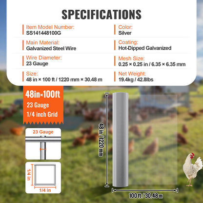 Hardware Cloth, 1/4 inch 48in x 100 ft 23 Gauge, Hot Dipped Galvanized Wire Mesh Roll, Chicken Wire Fencing, Wire Mesh for Rabbit Cages, Garden, Small Rodents