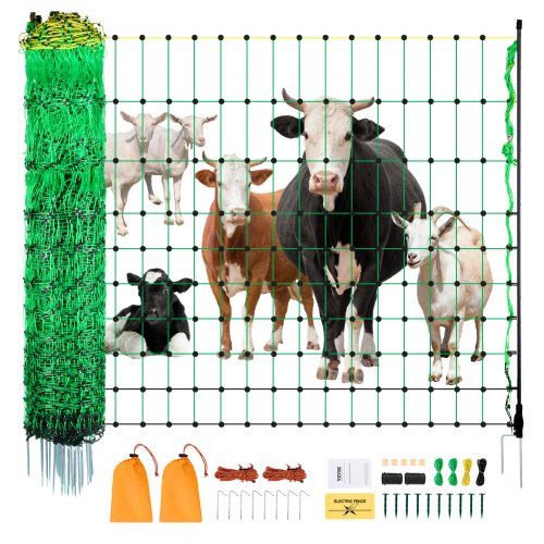 Electric Fence Netting, 42 in (H) x 164 ft (L), PE Net Fencing with Posts & Double-Spiked Stakes, Utility Portable Electric Fence for Pigs, Cows, Sheep, Deer, Used in Backyards, Farms, Ranches