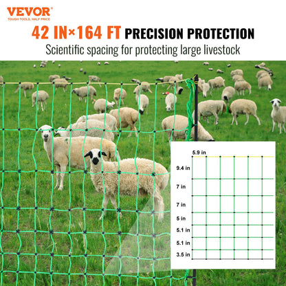 Electric Fence Net, 42" H x 164" L, PE Mesh Fence with Posts and Double Spikes, Portable Net for Goats, Sheep, Lambs, Deer, Pigs, Dogs, Used in Backyards, Farms and Ranches