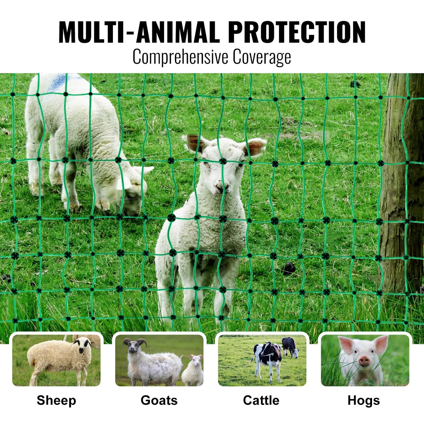 Electric Fence Net, 42" H x 164" L, PE Mesh Fence with Posts and Double Spikes, Portable Net for Goats, Sheep, Lambs, Deer, Pigs, Dogs, Used in Backyards, Farms and Ranches