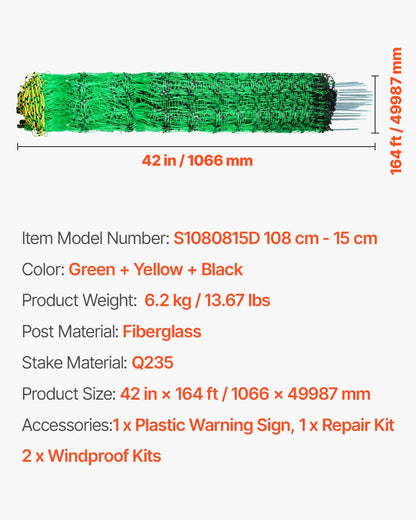 Electric Fence Netting, 42 in (H) x 164 ft (L), PE Net Fencing with Posts & Double-Spiked Stakes, Utility Portable Electric Fence for Pigs, Cows, Sheep, Deer, Used in Backyards, Farms, Ranches