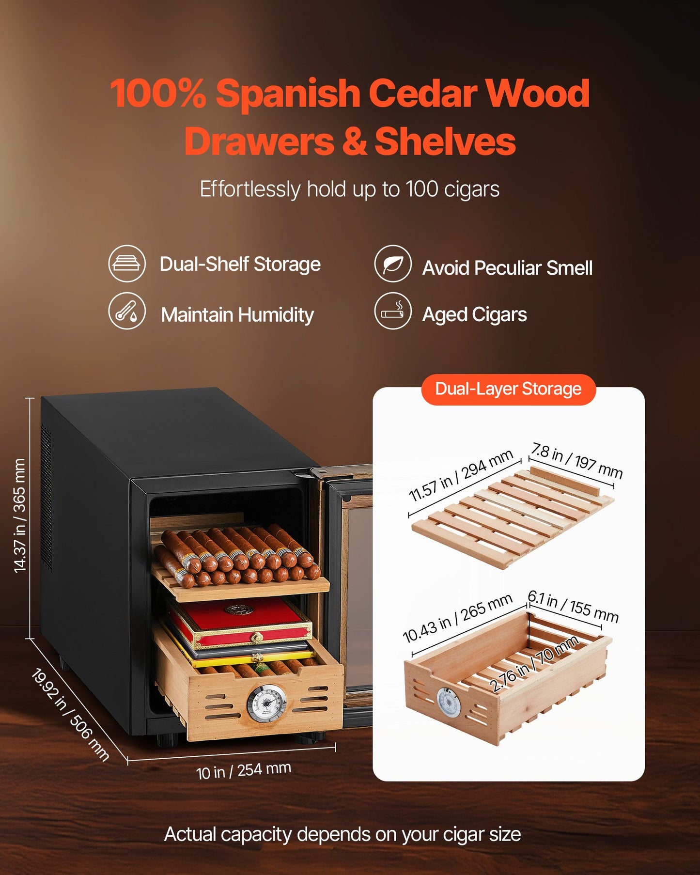 Electric Humidor, 16L, 100 Counts Electric Cigar Humidor Cabinet with Cooling Temperature Control, Spanish Cedar Wood Shelves & Drawers, Mechanical Hygrometer, 2 Layers, Cooler for Household