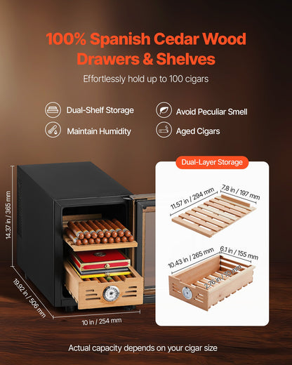 Electric Humidor, 16L, 100 Counts Electric Cigar Humidor Cabinet with Cooling Temperature Control, Spanish Cedar Wood Shelves & Drawers, Mechanical Hygrometer, 2 Layers, Cooler for Household