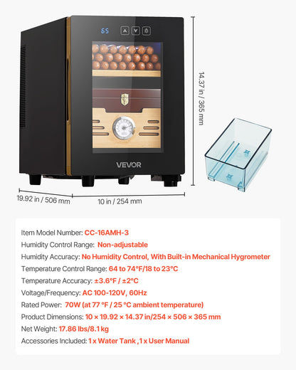 Electric Humidor, 16L, 100 Counts Electric Cigar Humidor Cabinet with Cooling Temperature Control, Spanish Cedar Wood Shelves & Drawers, Mechanical Hygrometer, 2 Layers, Cooler for Household