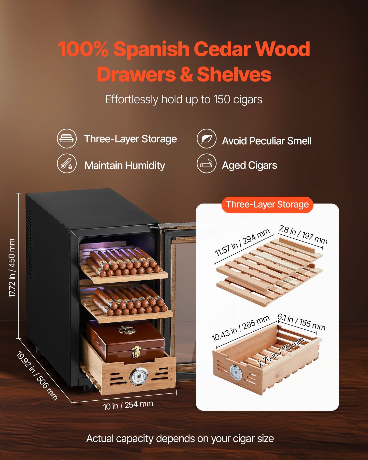 Electric Humidor, 23L, 150 Counts Electric Cigar Humidor Cabinet with Cooling Temperature Control, Spanish Cedar Wood Shelves & Drawers, Mechanical Hygrometer, 3 Layers, Cooler for Household