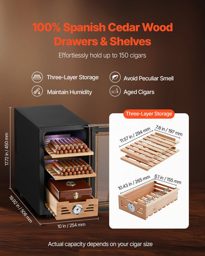 Electric Humidor, 23L, 150 Counts Electric Cigar Humidor Cabinet with Cooling Temperature Control, Spanish Cedar Wood Shelves & Drawers, Mechanical Hygrometer, 3 Layers, Cooler for Household