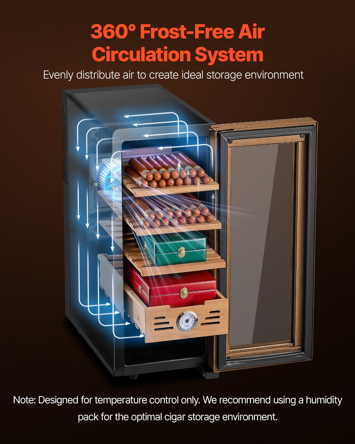 Electric Humidor, 33L, 250 Counts Electric Cigar Humidor Cabinet with Cooling Temperature Control, Spanish Cedar Wood Shelves & Drawers, Mechanical Hygrometer, 4 Layers, Cooler for Household