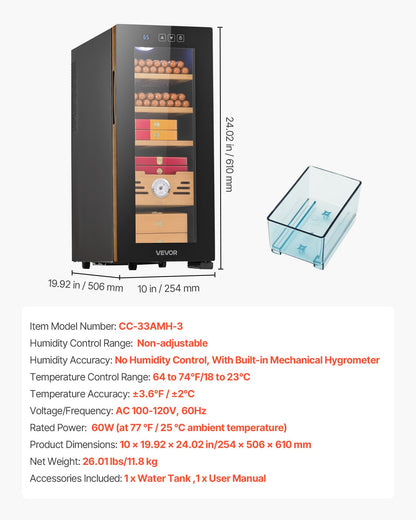 Electric Humidor, 33L, 250 Counts Electric Cigar Humidor Cabinet with Cooling Temperature Control, Spanish Cedar Wood Shelves & Drawers, Mechanical Hygrometer, 4 Layers, Cooler for Household