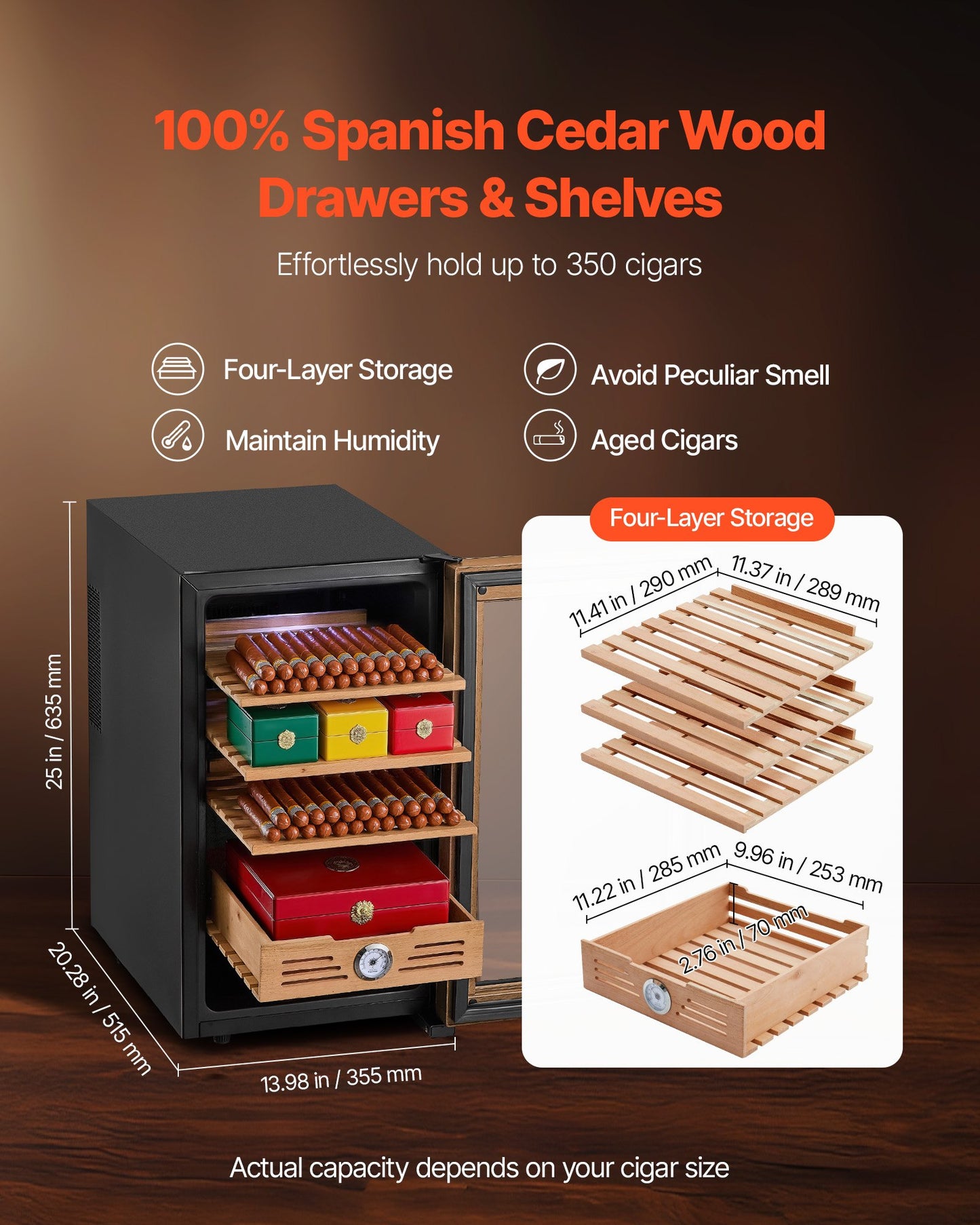 Electric Humidor, 48L, 350 Counts Electric Cigar Humidor Cabinet with Cooling Temperature Control, Spanish Cedar Wood Shelves & Drawers, Mechanical Hygrometer, 4 Layers, Cooler for Household