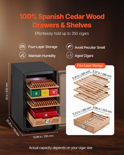 Electric Humidor, 48L, 350 Counts Electric Cigar Humidor Cabinet with Cooling Temperature Control, Spanish Cedar Wood Shelves & Drawers, Mechanical Hygrometer, 4 Layers, Cooler for Household