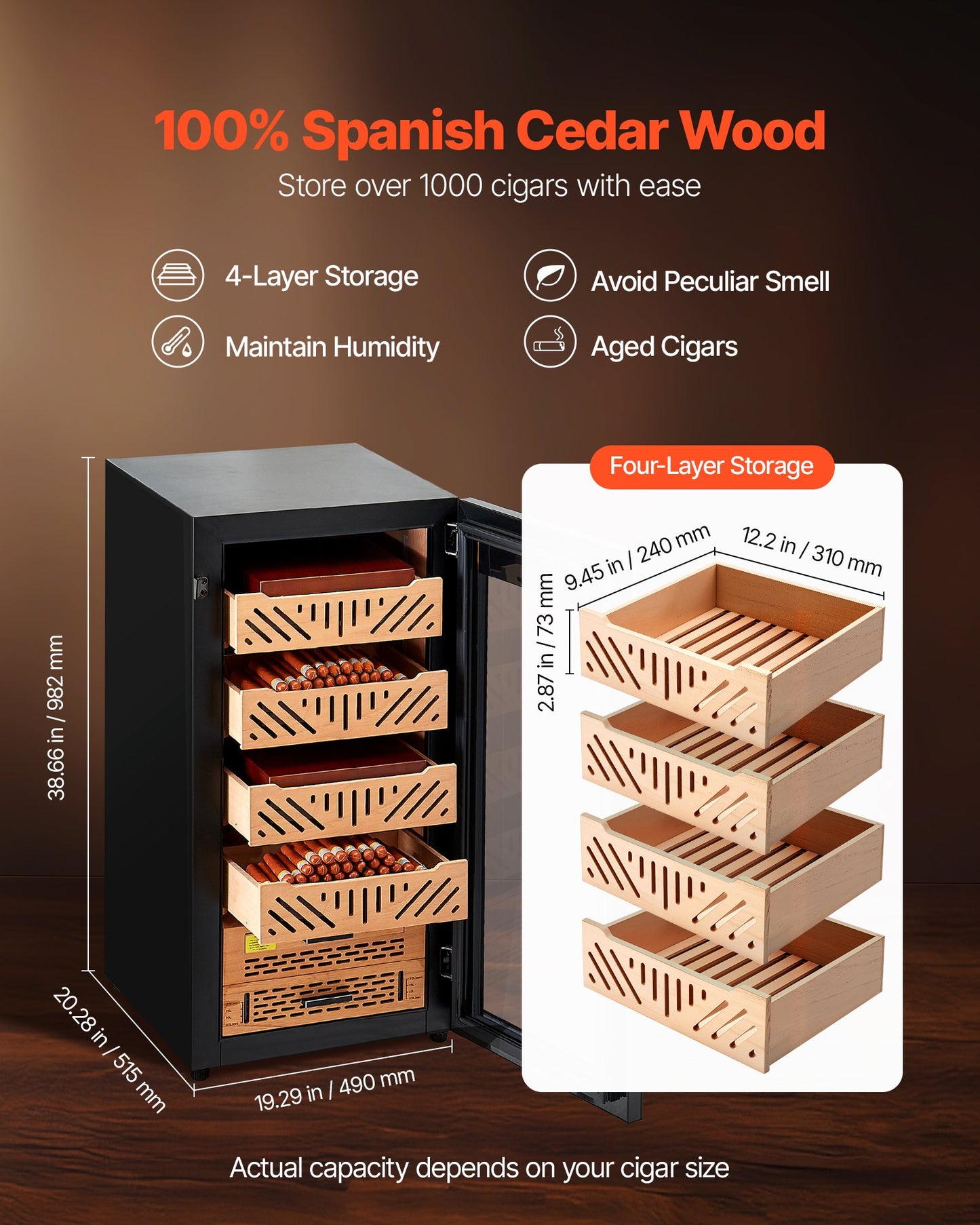 Electric Humidor, 105L, 1000 Counts Electric Cigar Humidor Cabinet with Compressor Cooling, Constant Humidity & Temperature Control, Spanish Cedar Wood Shelves & Drawers, 4 Layers, for Household