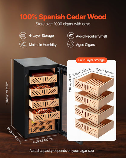 Electric Humidor, 105L, 1000 Counts Electric Cigar Humidor Cabinet with Compressor Cooling, Constant Humidity & Temperature Control, Spanish Cedar Wood Shelves & Drawers, 4 Layers, for Household