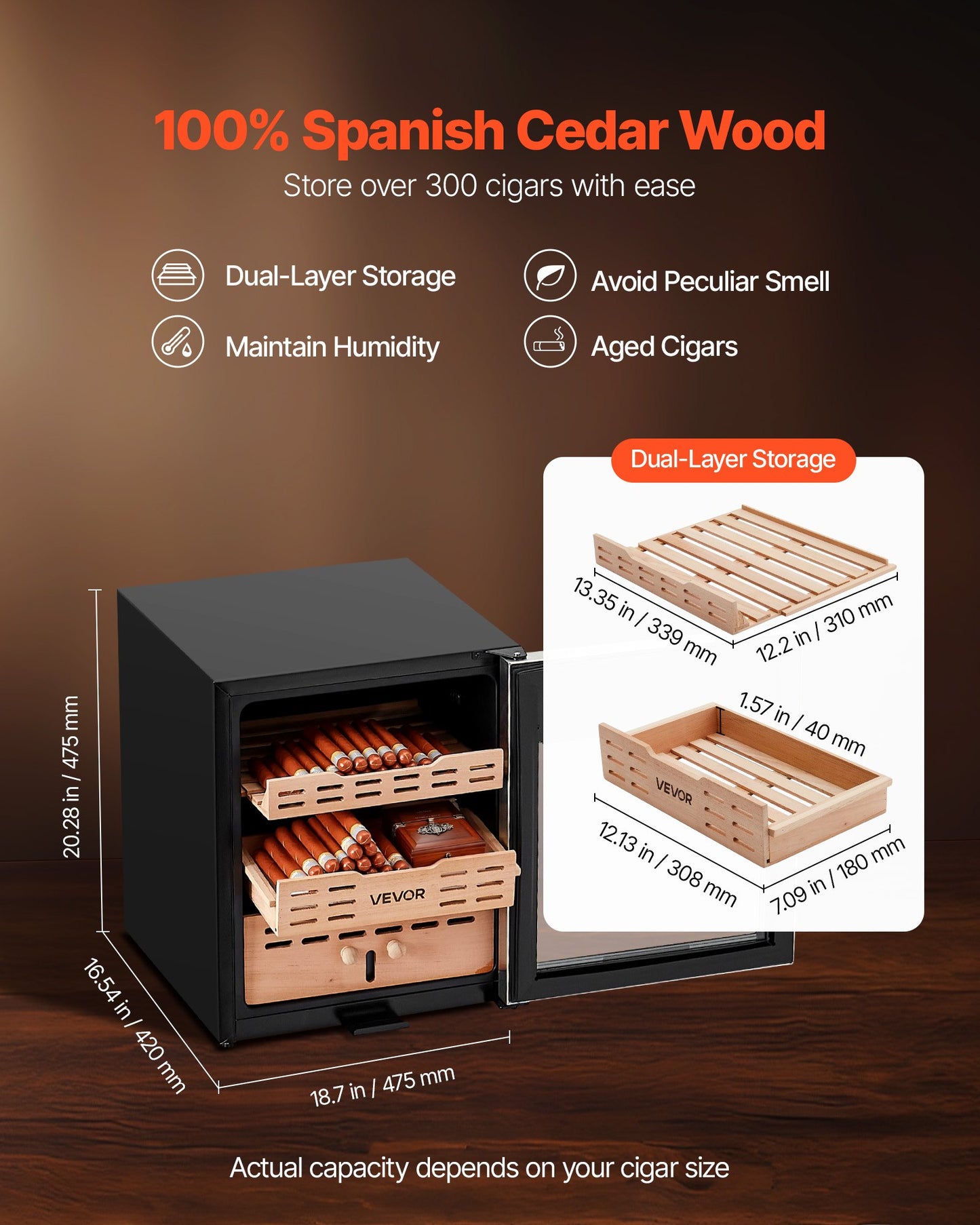 Electric Humidor, 50L, 300 Counts Electric Cigar Humidor Cabinet with Compressor Cooling, Constant Humidity & Temperature Control, Spanish Cedar Wood Shelves & Drawers, 2 Layers, for Household