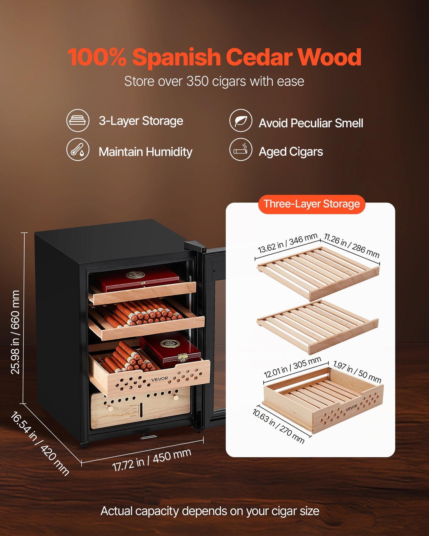 Electric Humidor, 60L, 350 Counts Electric Cigar Humidor Cabinet with Compressor Cooling, Constant Humidity & Temperature Control, Spanish Cedar Wood Shelves & Drawers, 3 Layers, for Household
