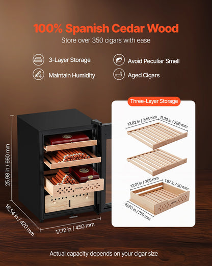 Electric Humidor, 60L, 350 Counts Electric Cigar Humidor Cabinet with Compressor Cooling, Constant Humidity & Temperature Control, Spanish Cedar Wood Shelves & Drawers, 3 Layers, for Household