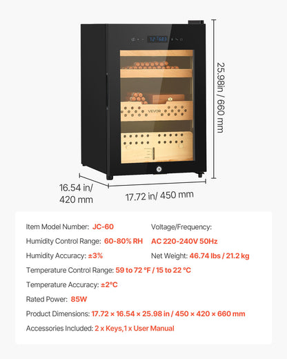 Electric Humidor, 60L, 350 Counts Electric Cigar Humidor Cabinet with Compressor Cooling, Constant Humidity & Temperature Control, Spanish Cedar Wood Shelves & Drawers, 3 Layers, for Household