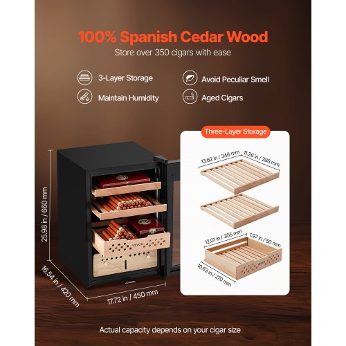 Elektrisk Humidor, 60L, 350 Counts Elektrisk Cigar Humidor Skåp med Kompressorkylning, Konstant Fuktighets- och Temperaturkontroll, Hyllor och Lådor i Spanskt Cederträ, 3 Lager, För Hushållet |  EU
