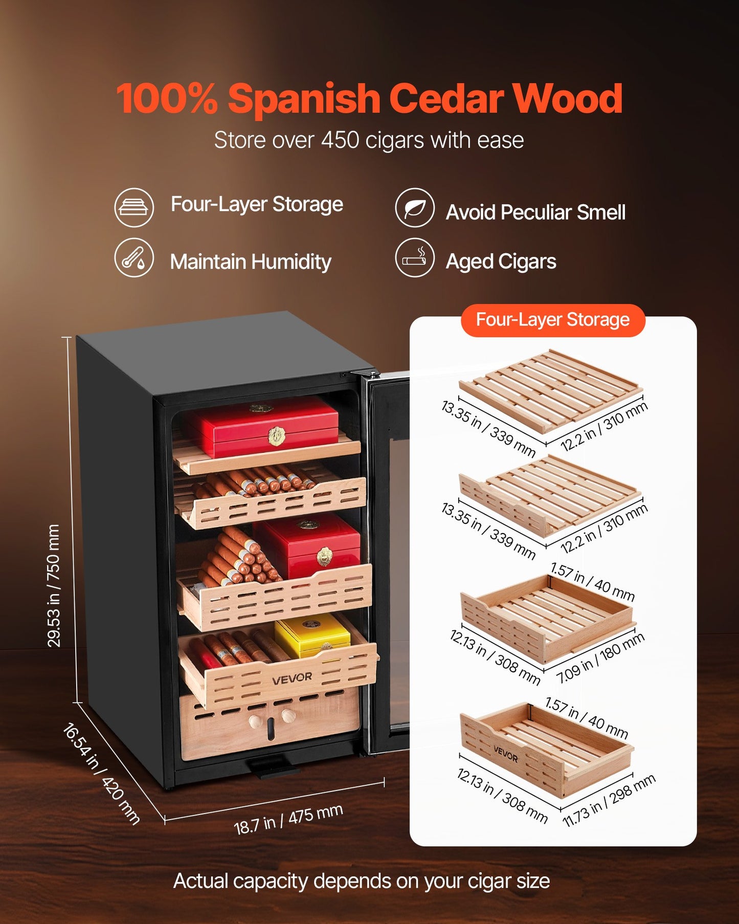 Electric Humidor, 75L, 450 Counts Electric Cigar Humidor Cabinet with Compressor Cooling, Constant Humidity & Temperature Control, Spanish Cedar Wood Shelves & Drawers, 4 Layers, for Household