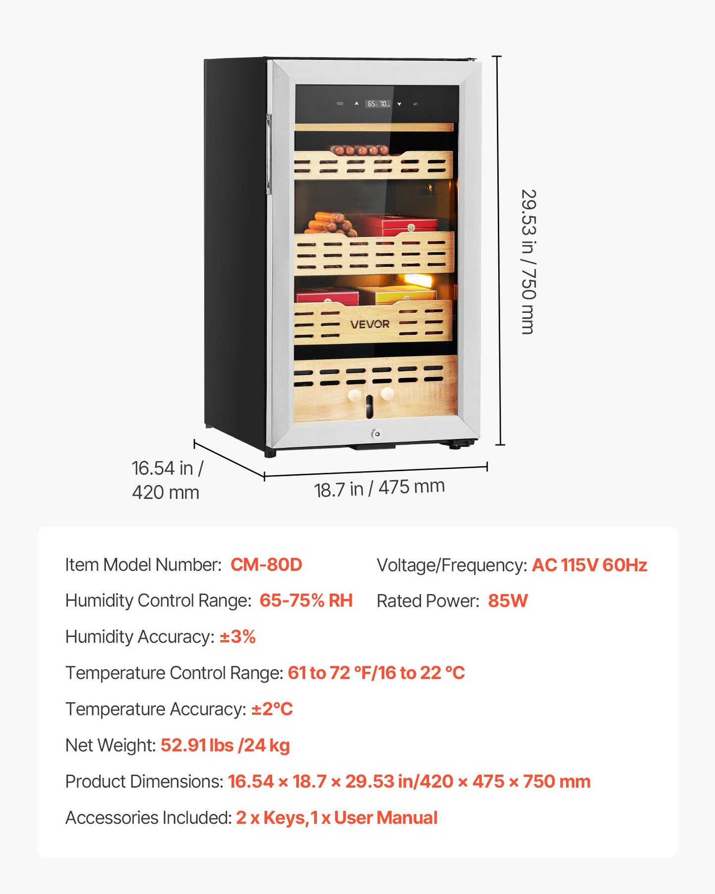 Electric Humidor, 75L, 450 Counts Electric Cigar Humidor Cabinet with Compressor Cooling, Constant Humidity & Temperature Control, Spanish Cedar Wood Shelves & Drawers, 4 Layers, for Household