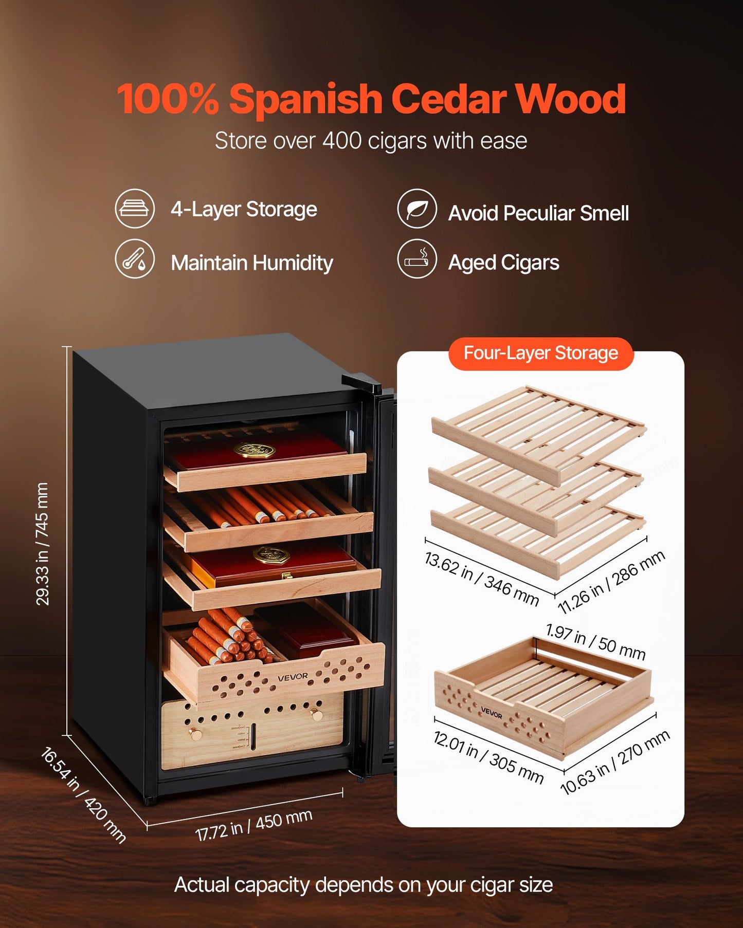 Electric Humidor, 70L, 400 Counts Electric Cigar Humidor Cabinet with Compressor Cooling, Constant Humidity & Temperature Control, Spanish Cedar Wood Shelves & Drawers, 4 Layers, for Household