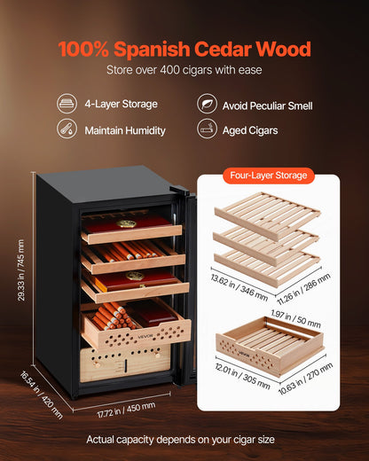 Electric Humidor, 70L, 400 Counts Electric Cigar Humidor Cabinet with Compressor Cooling, Constant Humidity & Temperature Control, Spanish Cedar Wood Shelves & Drawers, 4 Layers, for Household