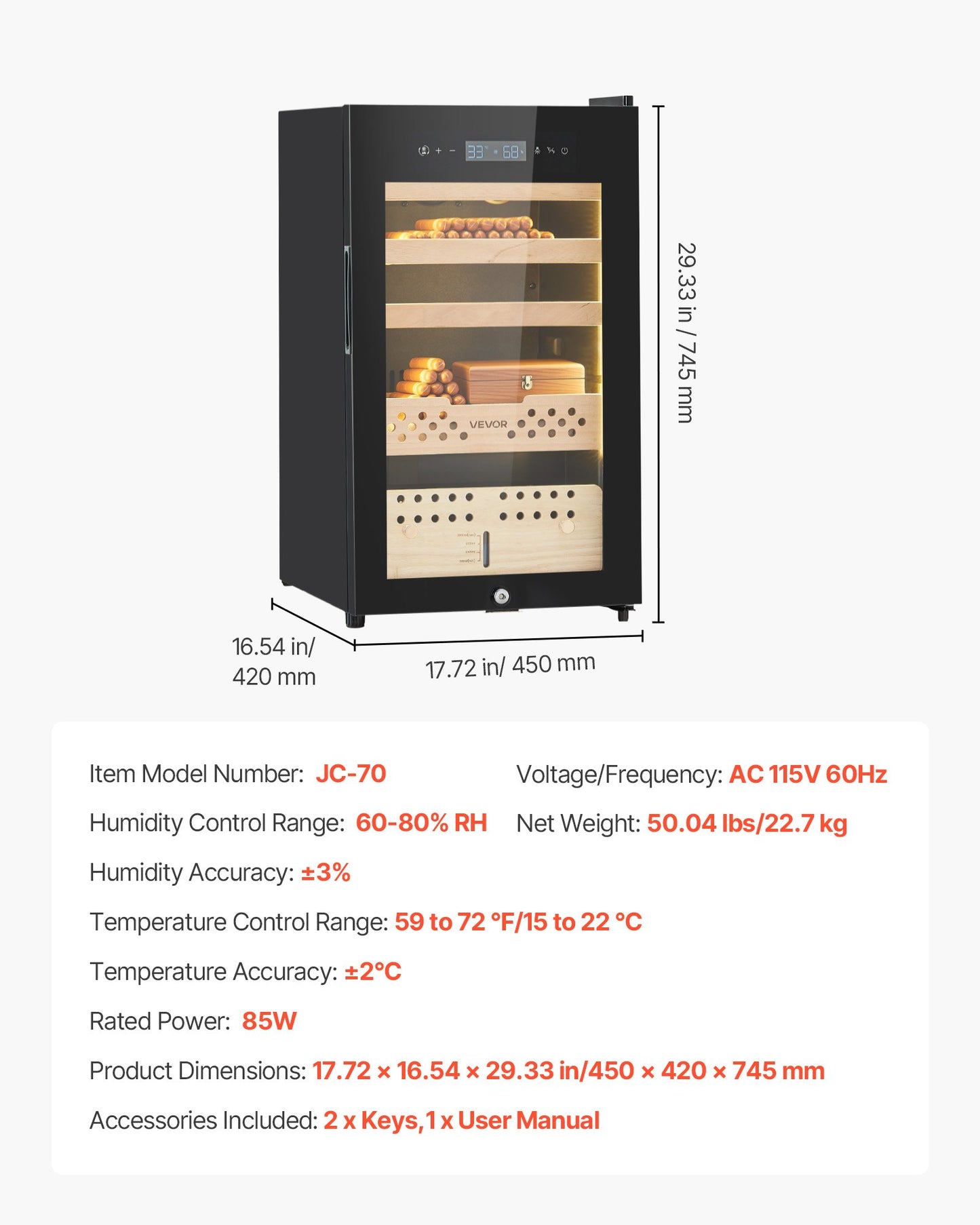 Electric Humidor, 70L, 400 Counts Electric Cigar Humidor Cabinet with Compressor Cooling, Constant Humidity & Temperature Control, Spanish Cedar Wood Shelves & Drawers, 4 Layers, for Household
