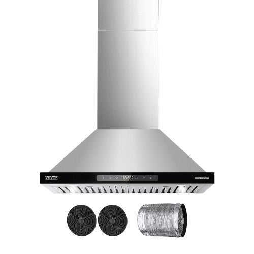 Wall Mount Range Hood, 30 inch Chimney-Style Ceiling Mount Vent, 800 CFM Stainless Steel Kitchen Stove Hood with Gesture & Touch Control, LED Light, Baffle Filters, Ducted/Ductless Convertible