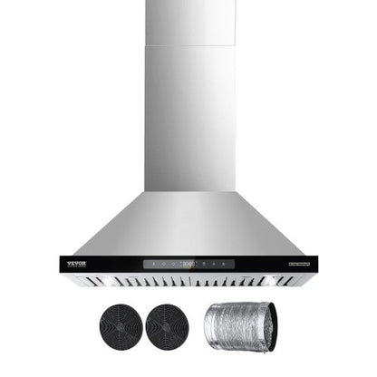 Wall Mount Range Hood, 30 inch Chimney-Style Ceiling Mount Vent, 800 CFM Stainless Steel Kitchen Stove Hood with Gesture & Touch Control, LED Light, Baffle Filters, Ducted/Ductless Convertible