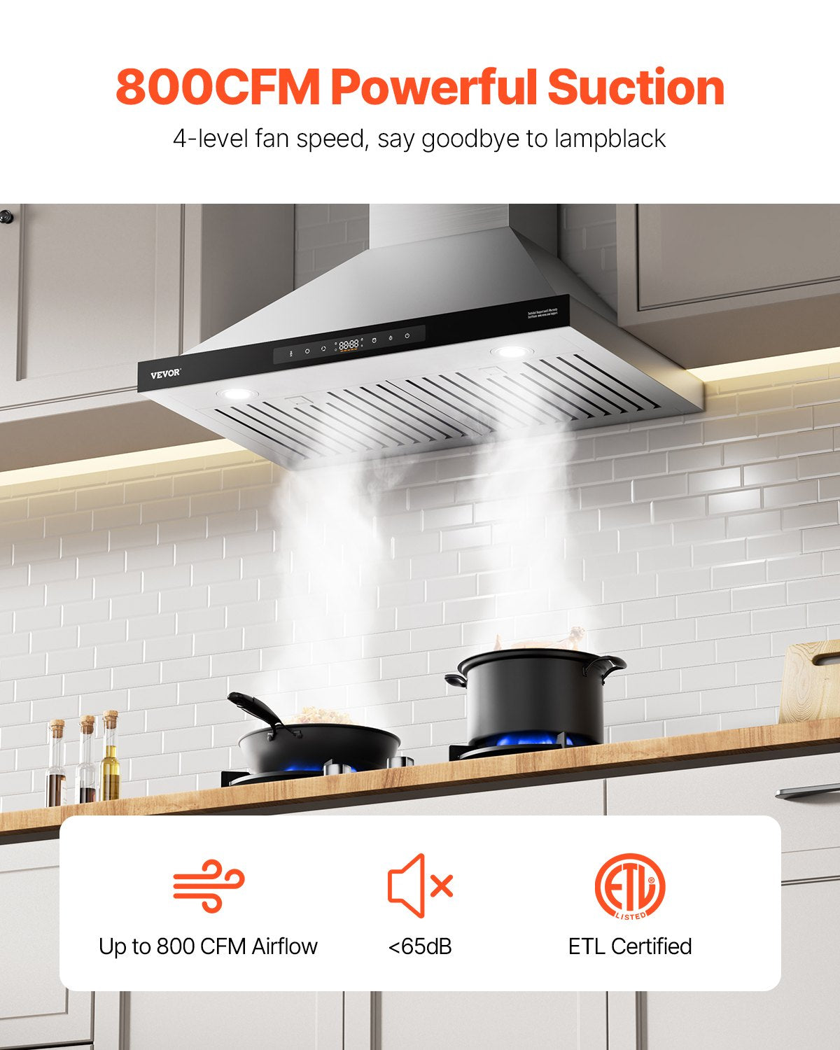 Wall Mount Range Hood, 30 inch Chimney-Style Ceiling Mount Vent, 800 CFM Stainless Steel Kitchen Stove Hood with Gesture & Touch Control, LED Light, Baffle Filters, Ducted/Ductless Convertible
