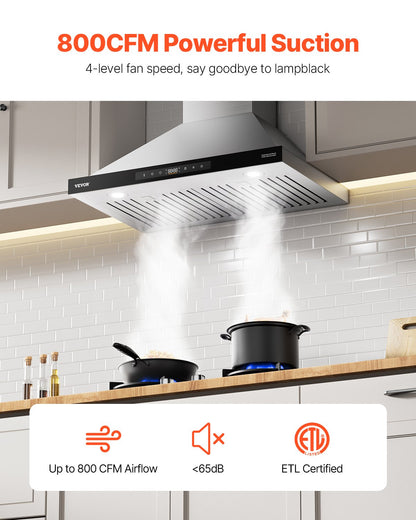 Wall Mount Range Hood, 30 inch Chimney-Style Ceiling Mount Vent, 800 CFM Stainless Steel Kitchen Stove Hood with Gesture & Touch Control, LED Light, Baffle Filters, Ducted/Ductless Convertible
