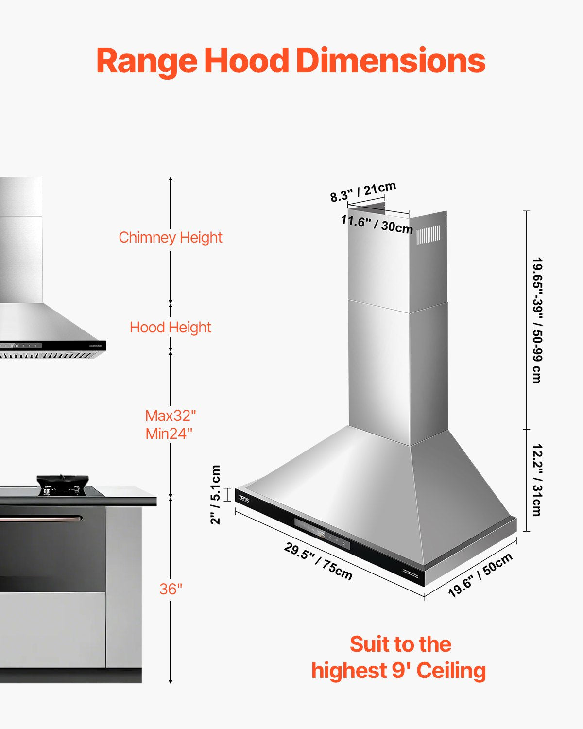 Wall Mount Range Hood, 30 inch Chimney-Style Ceiling Mount Vent, 800 CFM Stainless Steel Kitchen Stove Hood with Gesture & Touch Control, LED Light, Baffle Filters, Ducted/Ductless Convertible