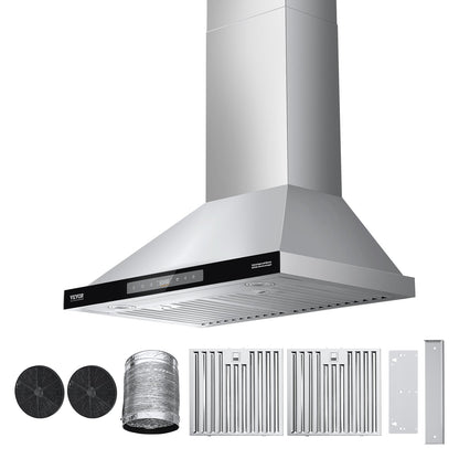 Wall Mount Range Hood, 30 inch Chimney-Style Ceiling Mount Vent, 800 CFM Stainless Steel Kitchen Stove Hood with Gesture & Touch Control, LED Light, Baffle Filters, Ducted/Ductless Convertible