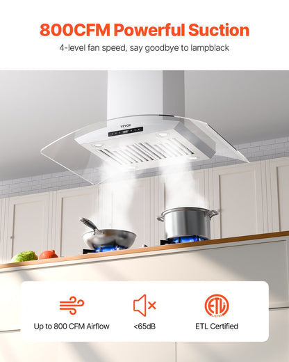 Range Hood, 30 inch Chimney-Style Ceiling Mount Vent, 800 CFM Stainless Steel Kitchen Stove Hood with Gesture & Touch Control, LED Light, Baffle Filters, Ducted/Ductless Convertible