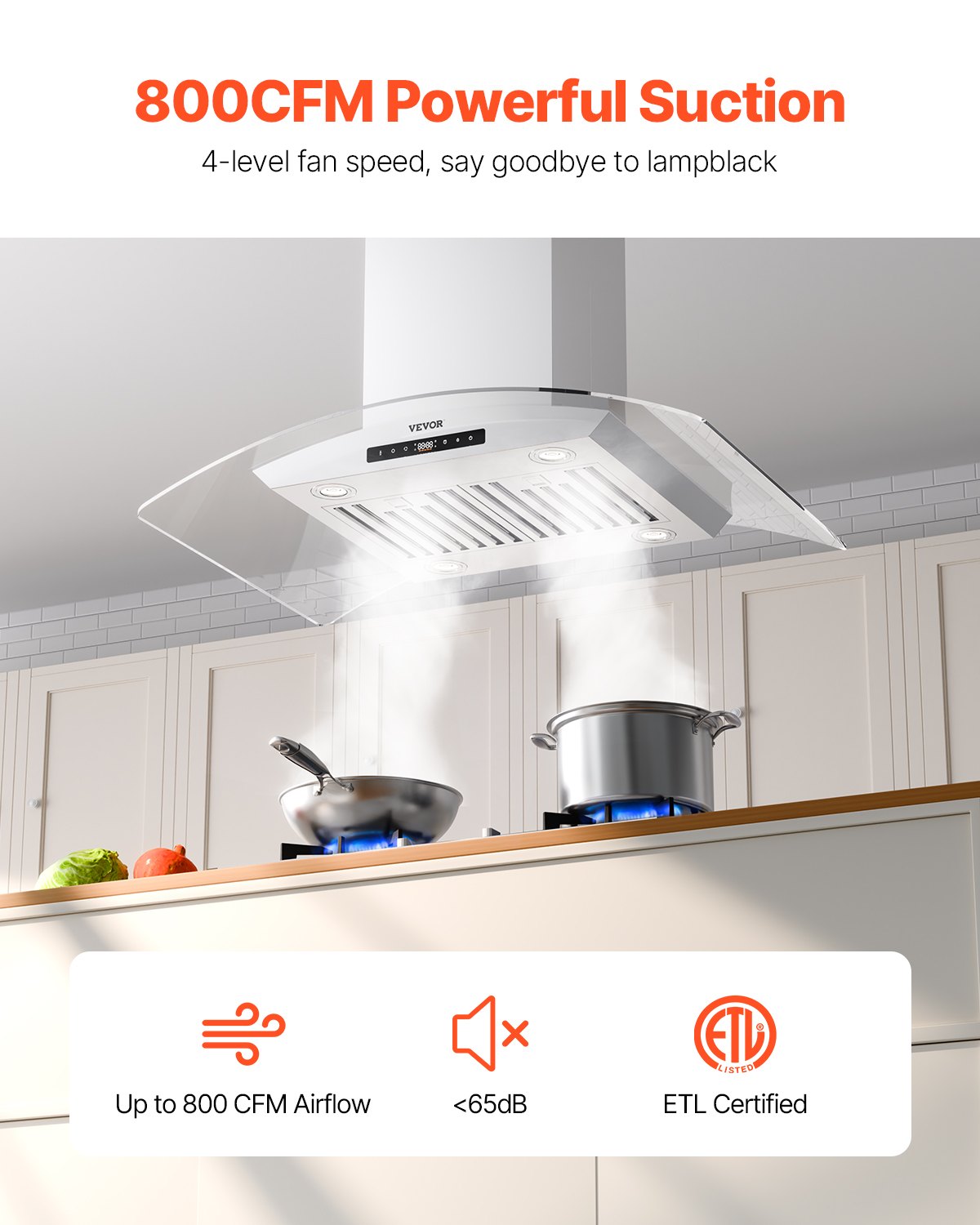 Wall Mount Range Hood, 36 inch Chimney-Style Ceiling Mount Vent, 800 CFM Stainless Steel Kitchen Stove Hood with Gesture & Touch Control, LED Light, Baffle Filters, Ducted/Ductless Convertible