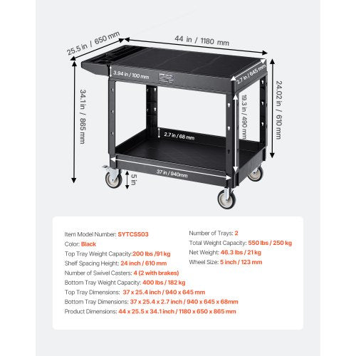 2-hylls Utility Cart 550 lbs 37 x 25,4-tums servicevagn med hjul |  EU