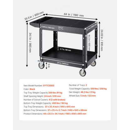 2-hylls Utility Cart 550 lbs 37 x 25,4-tums servicevagn med hjul |  EU