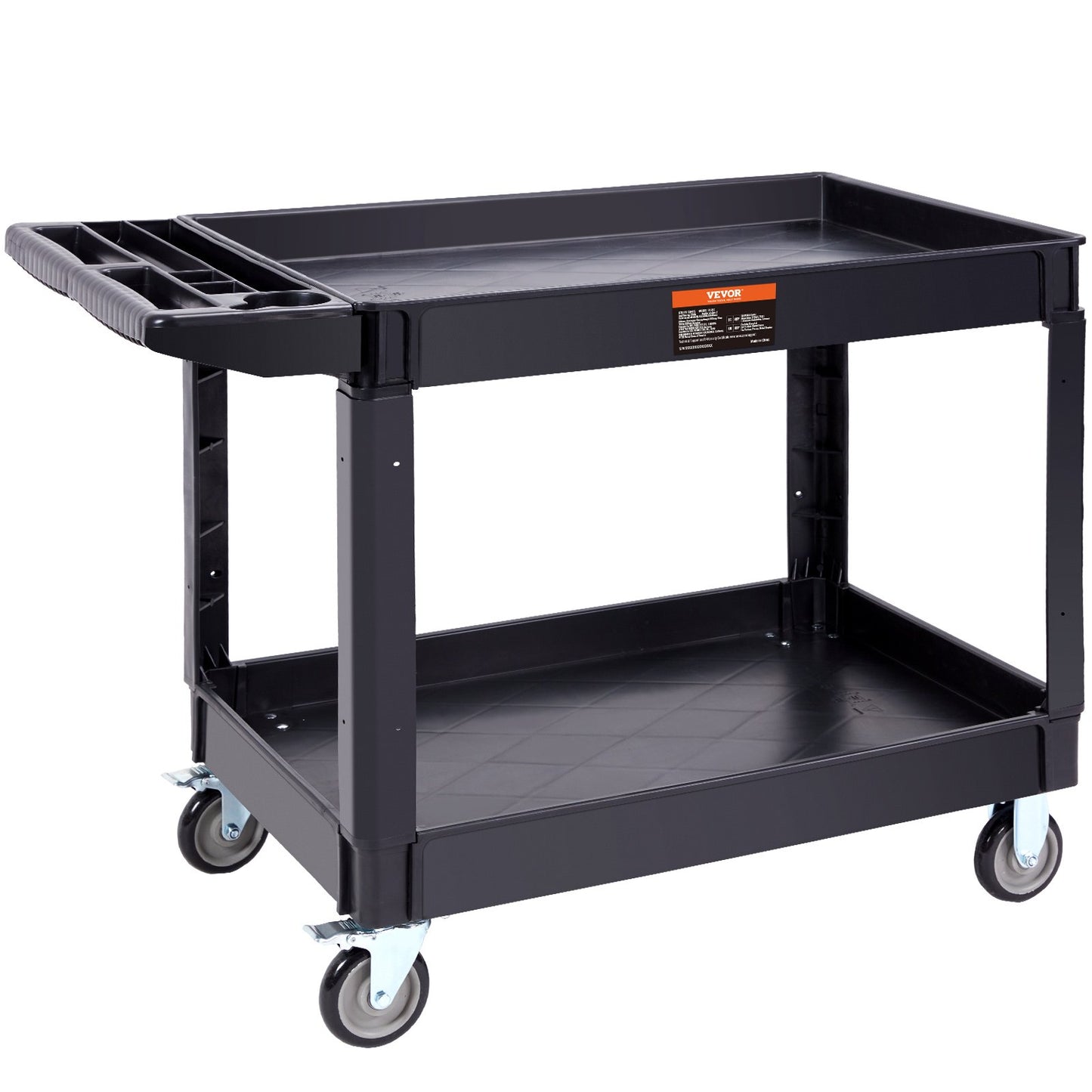 Utility Service Cart, 2 hyllor 550LBS Heavy Duty Plast Roll Utility Cart med 360° svängbara hjul (2 med bromsar), stor läppad hylla, ergonomiskt förvaringshandtag för lager/garage/rengöring