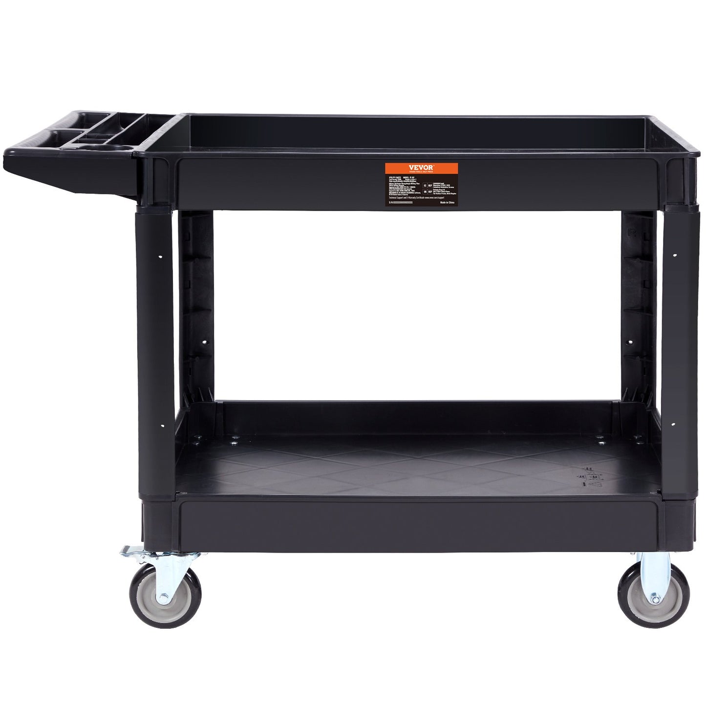 Utility Service Cart, 2 hyllor 550LBS Heavy Duty Plast Roll Utility Cart med 360° svängbara hjul (2 med bromsar), stor läppad hylla, ergonomiskt förvaringshandtag för lager/garage/rengöring