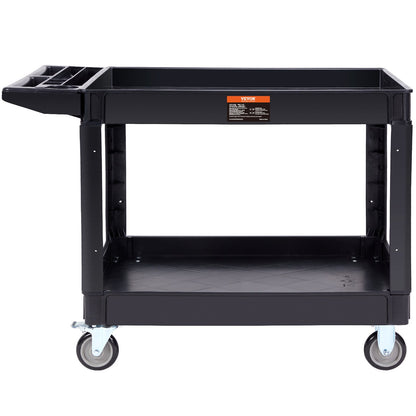 Utility Service Cart, 2 hyllor 550LBS Heavy Duty Plast Roll Utility Cart med 360° svängbara hjul (2 med bromsar), stor läppad hylla, ergonomiskt förvaringshandtag för lager/garage/rengöring